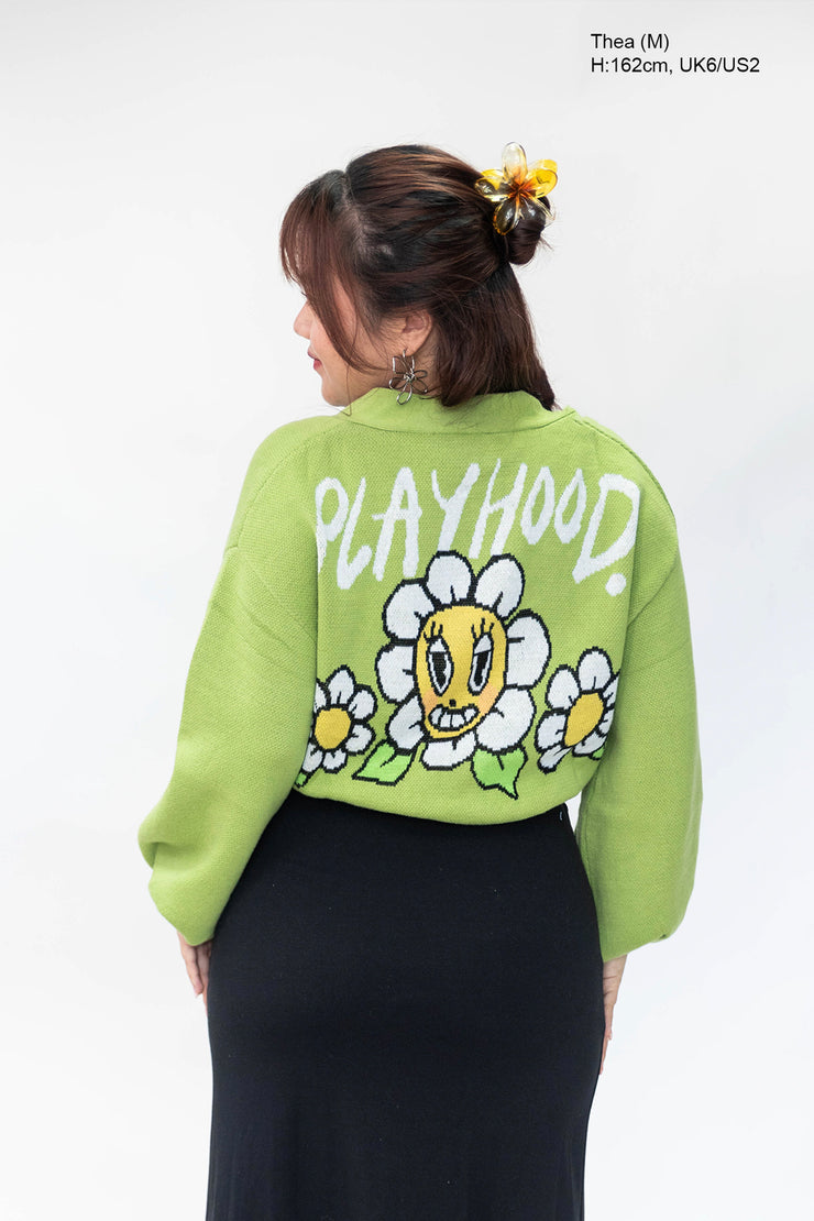 Green Hoodie Daisy Crop Cardigan