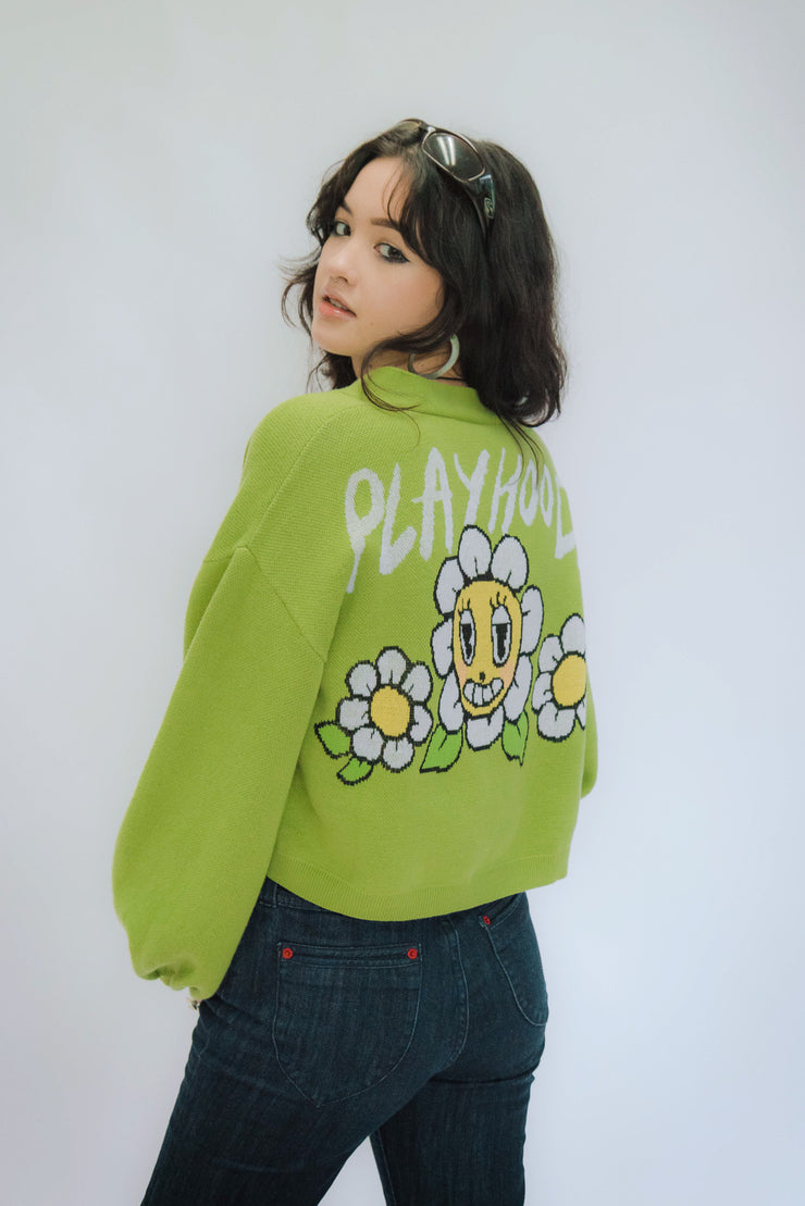 Green Hoodie Daisy Crop Cardigan