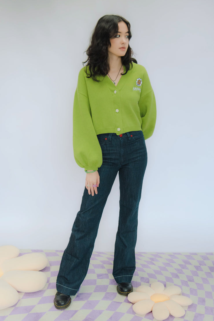 Green Hoodie Daisy Crop Cardigan