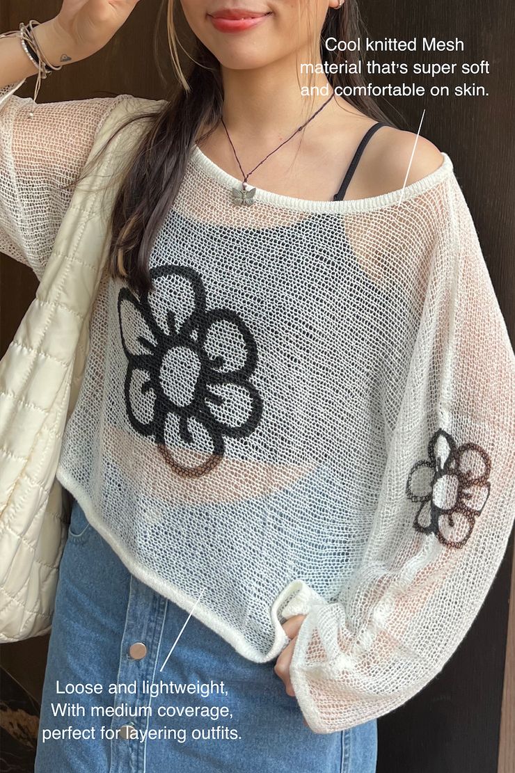 WHITE DAISY MESH SWEATER