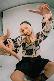Checkered Hoodie Crop Knit Cardigan