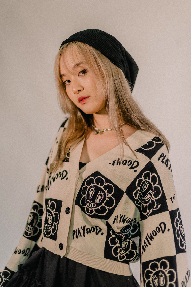 Checkered Hoodie Crop Knit Cardigan