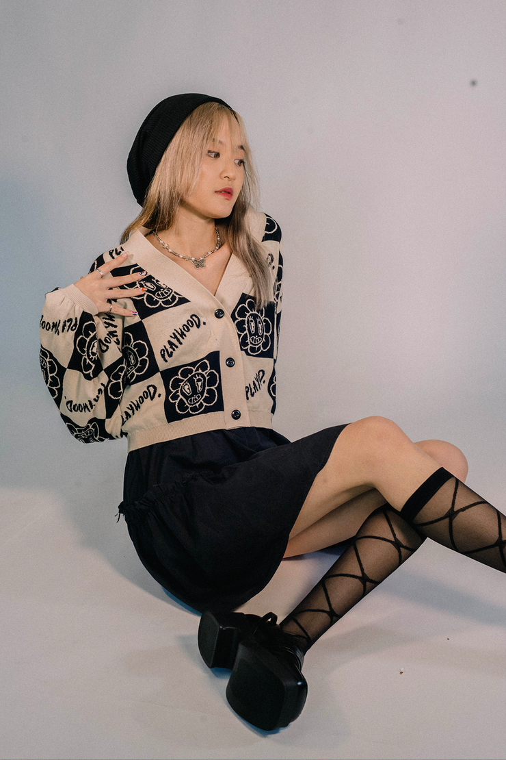 Checkered Hoodie Crop Knit Cardigan