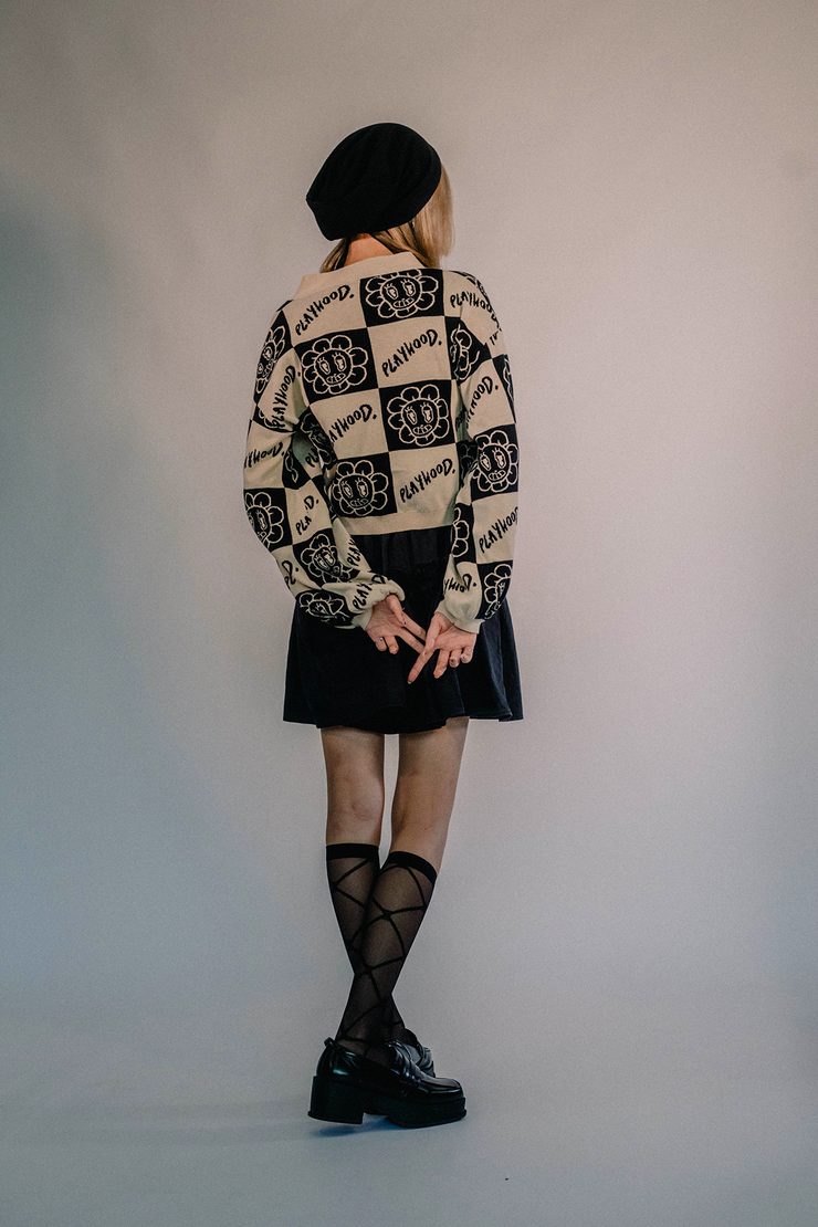 Checkered Hoodie Crop Knit Cardigan