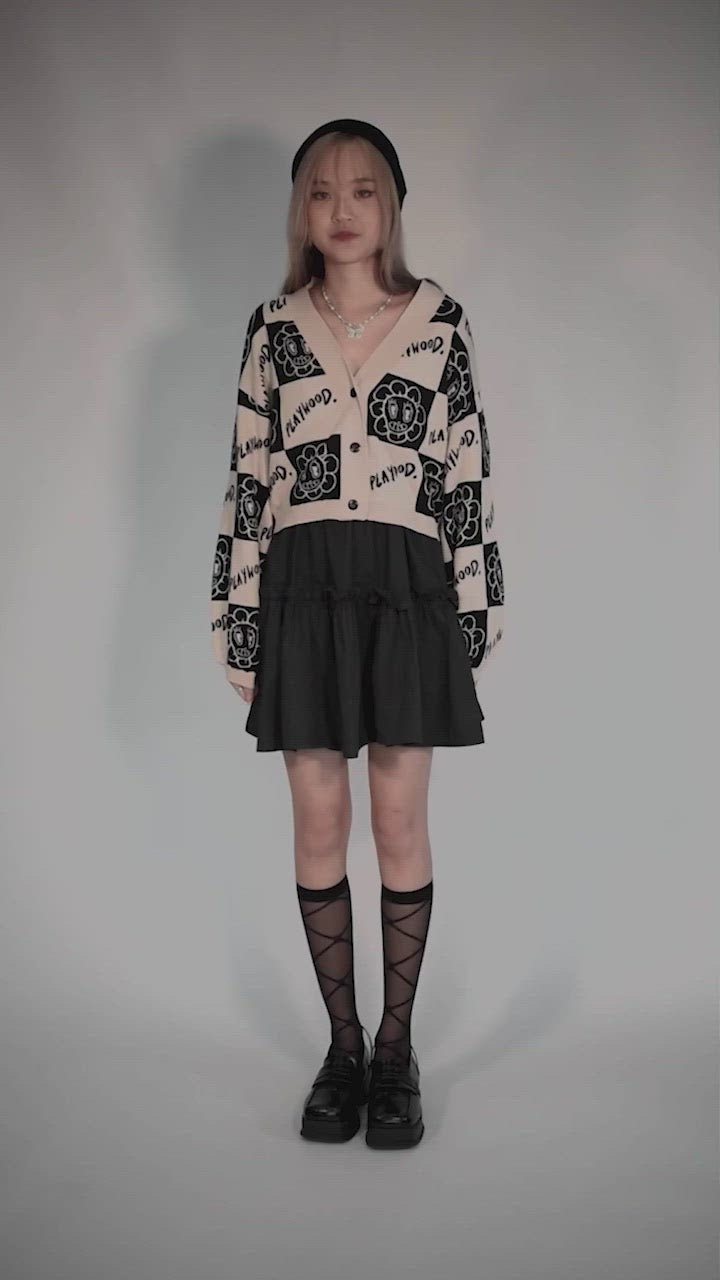 Checkered Hoodie Crop Knit Cardigan