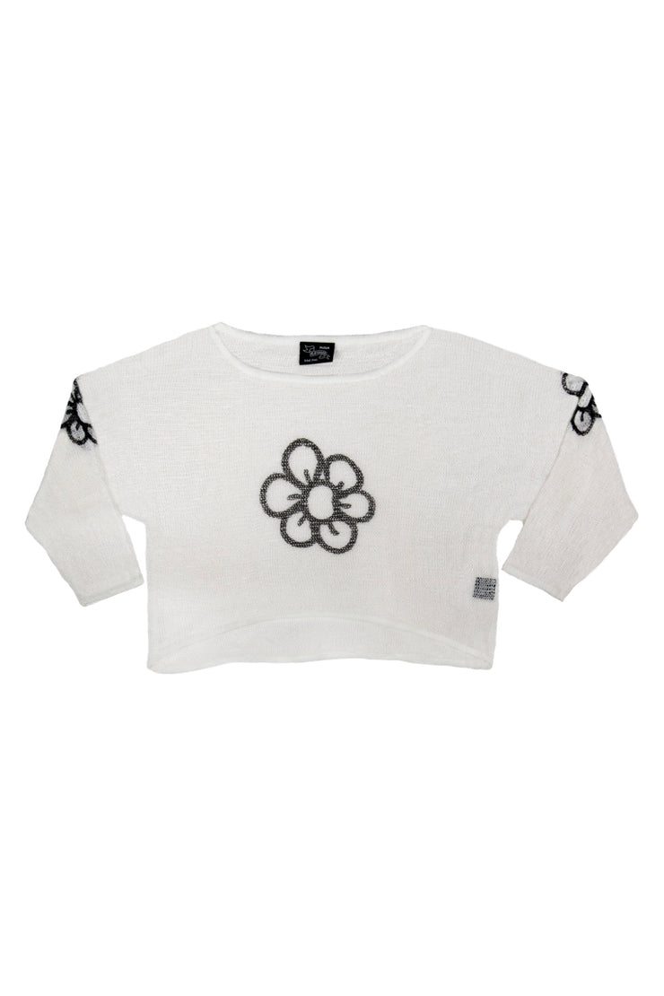 WHITE DAISY MESH SWEATER