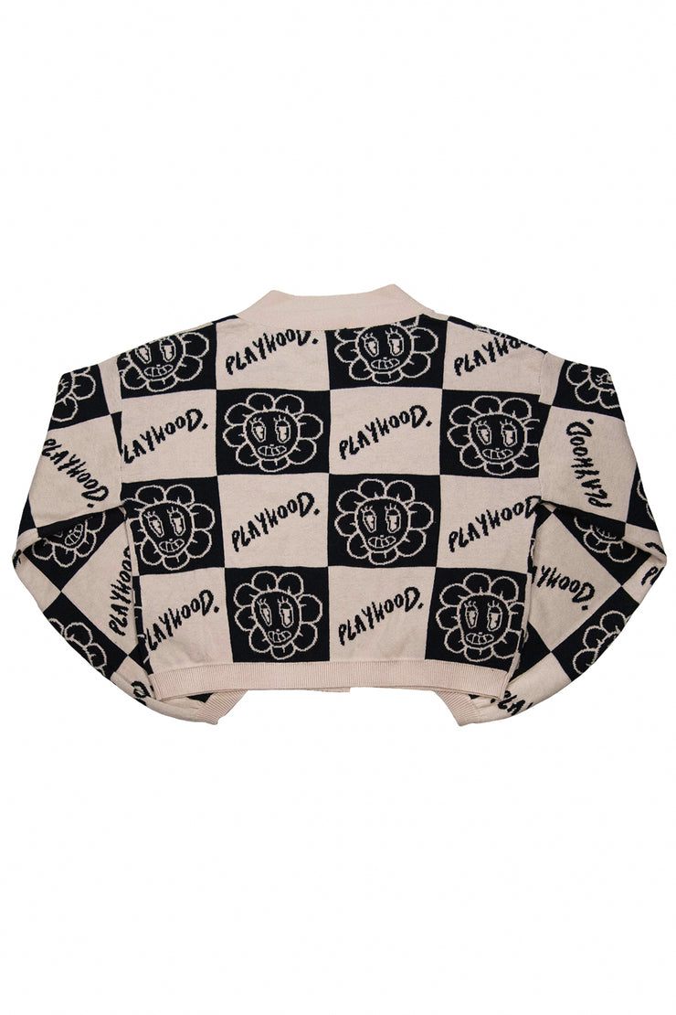 Checkered Hoodie Crop Knit Cardigan