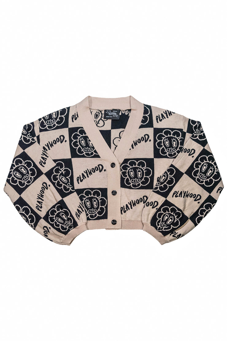 Checkered Hoodie Crop Knit Cardigan